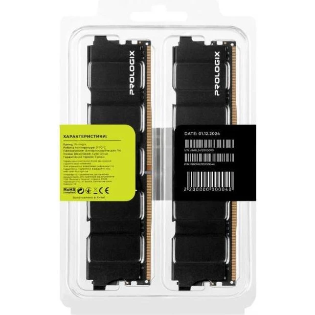 Prologix 16 GB (2x8GB) DDR4 3200 MHz Black (PRO16GB3200B4K) (UA) Бренд: Prologix; Призначення: пам'ять