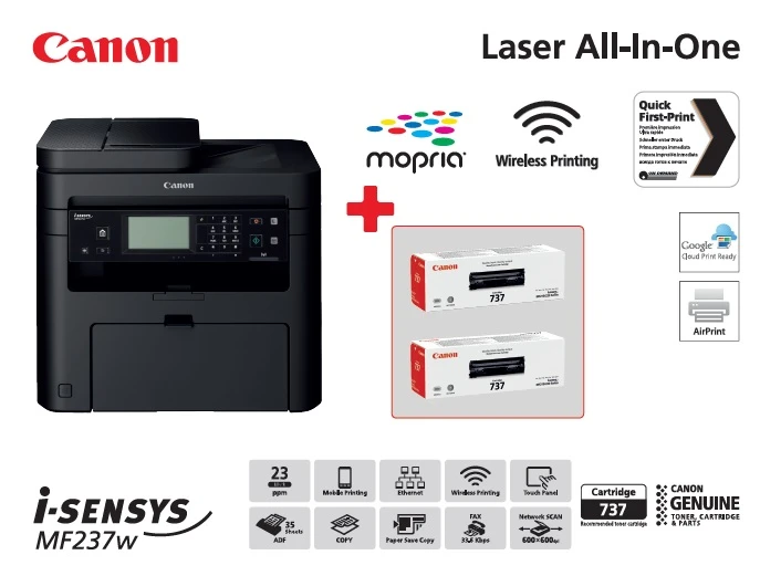 МФУ А4 ч/б Canon i-SENSYS MF237w c Wi-Fi (1418C161AA) + 2 Canon 737 (UA) Технология печати: лазерная;