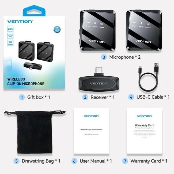Мікрофонна радіосистема для смартфона Vention USB-C 2-Pack Wireless Lavalier Black (NCBB0) (UA) Бренд: Vention; Спосіб підключення: