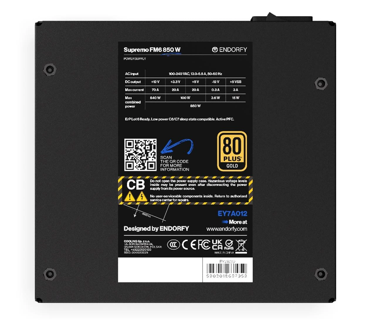 ENDORFY Supremo FM6 850W 80 Plus Gold ATX 3.1 (EY7A012) EU Максимальная мощность, Вт: 850 Вт;