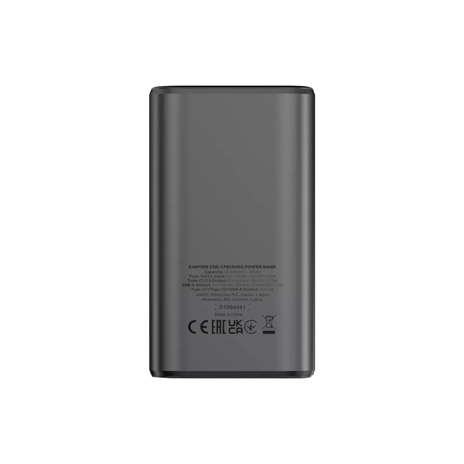 Canyon 10000mAh OnPower 130 TFT PD/30W Dark Grey (CNS-CPB130DG) (UA) Выходной ток 2.25 A ,  3.25 A ,  3 A ,  2 A