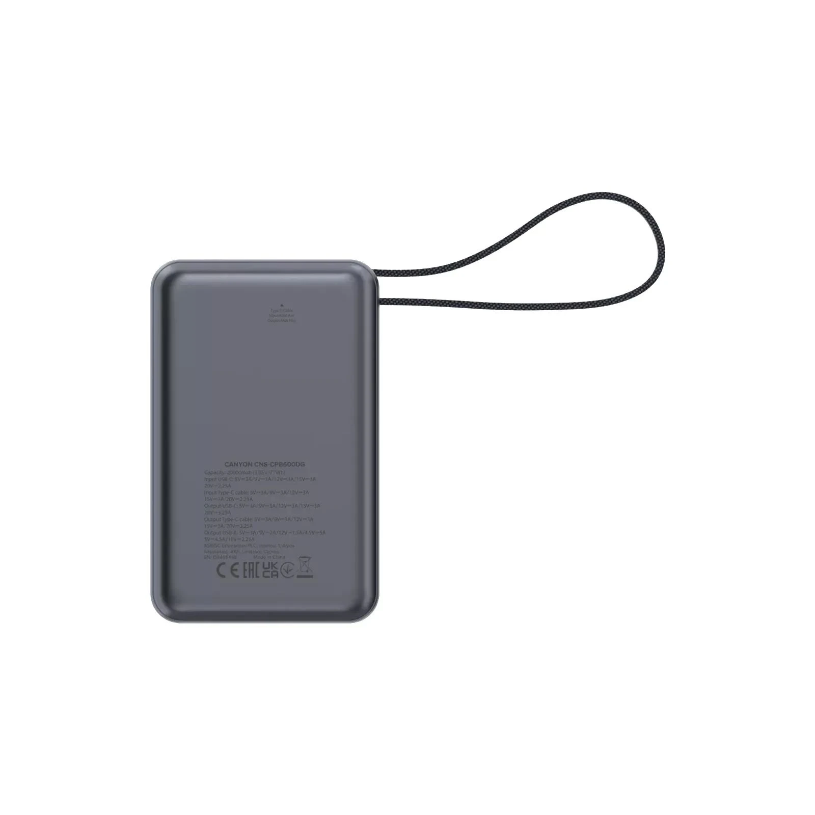 Canyon 20000mAh OnPower 600 PD/65W built-in cable Dark Grey (CNS-CPB600DG) (UA)