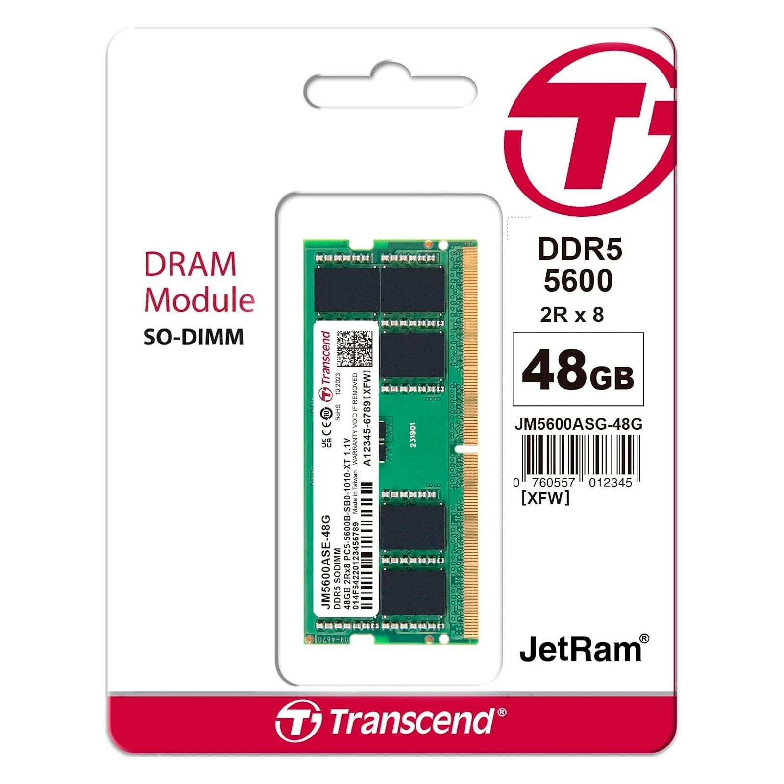 SoDIMM DDR5 48GB 5600 MHz Transcend (JM5600ASE-48G) (UA) ; Об'єм пам'яті: 48 ГБ; Кількість