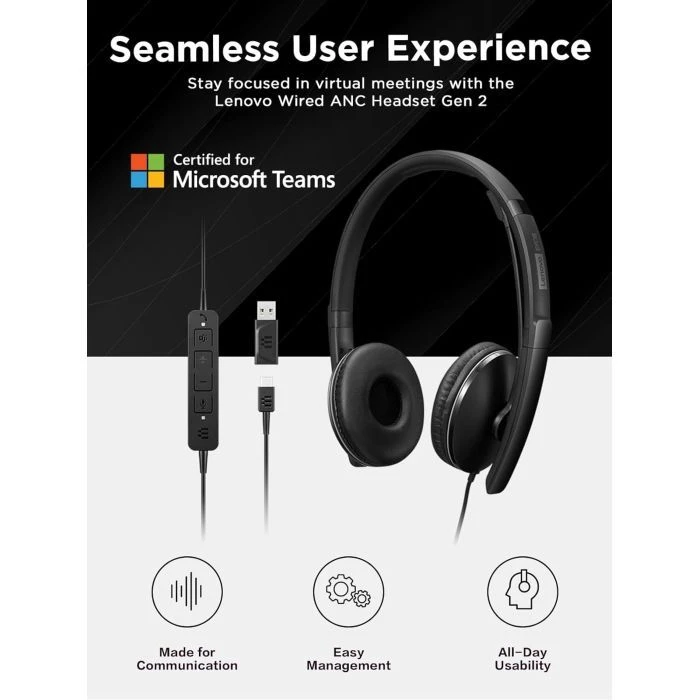 Наушники Lenovo Wired ANC Headset Gen 2 (Teams) Black (4XD1M45627) (UA)