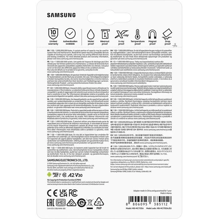 Samsung 1TB microSDXC Class UHS-I U3 V30 A2 EVO Plus + SD Adapter (MB-MC1T0SA/EU) (UA) ; Об'єм пам'яті: 1 ТБ; Клас карти: