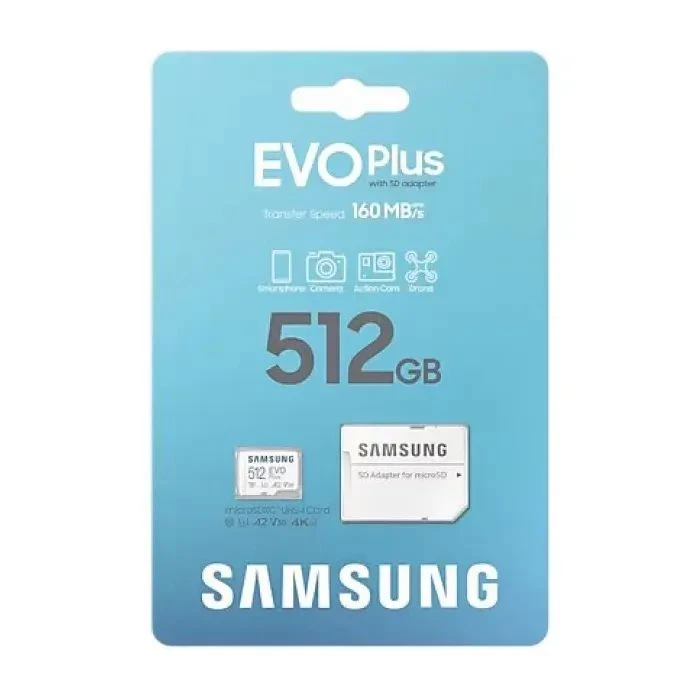 Samsung 512 GB microSDXC Class 10 UHS-I U3 V30 A2 EVO Plus+SD Adapte (MB-MC512SA/EU) ; Об'єм пам'яті: 512 ГБ; Клас карти: