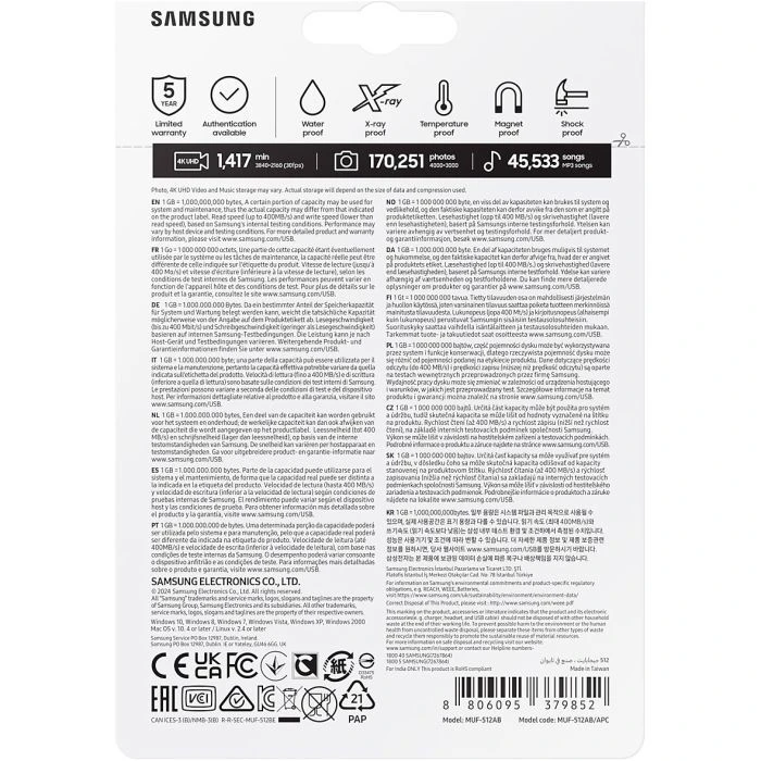 Samsung 512GB Fit Plus USB 3.2 (MUF-512AB/APC) (UA) Фізичні розміри: 23.60 x 18.80 x 7.30 мм;
