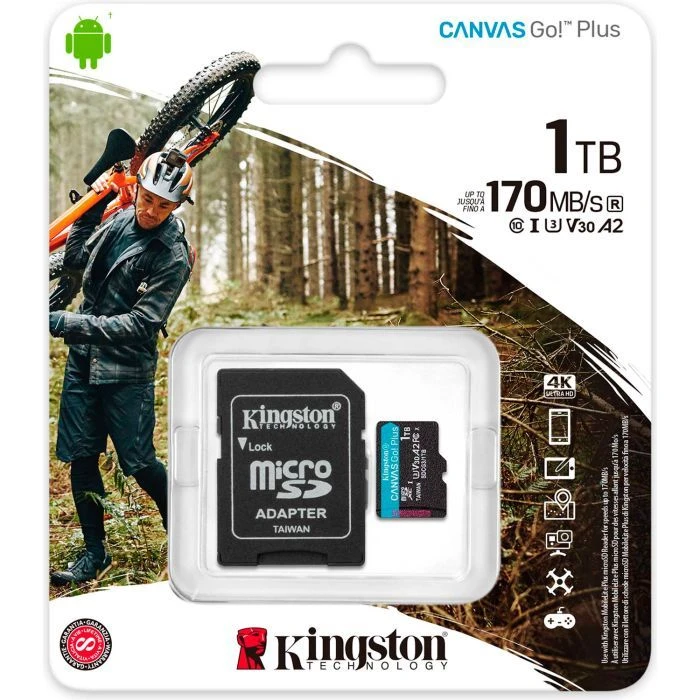 Kingston 1TB microSDXC клас 10 UHS-I U3 V30 A2 Canvas Go Plus G4 (SDCG4/1TB) (UA) ; Об'єм пам'яті: 1 ТБ; Клас картки: