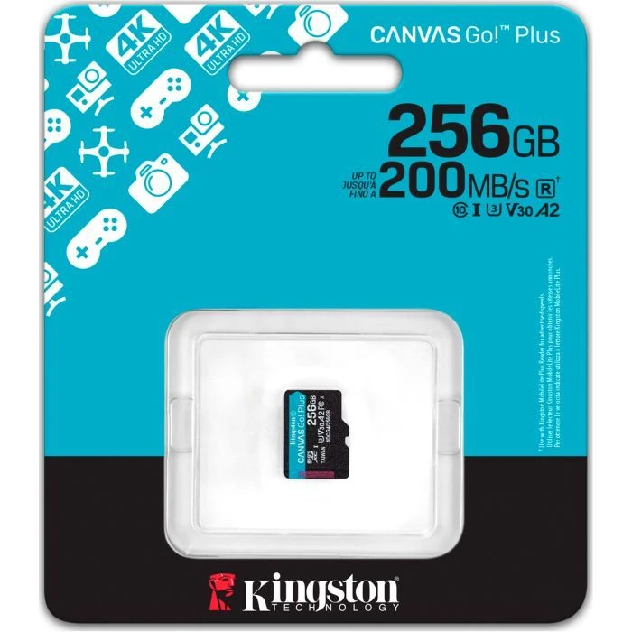 Kingston 256GB microSDXC сlass 10 UHS-I U3 V30 A2 Canvas Go Plus G4 (SDCG4/256GBSP) ; Объем памяти: 256 ГБ; Класс карты: