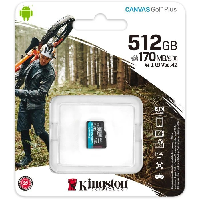 Kingston 512GB microSDXC class 10 UHS-I U3 V30 A2 Canvas Go Plus G4 (SDCG4/512GBSP) (UA) ; Обсяг пам'яті: 512 ГБ; Клас карти: