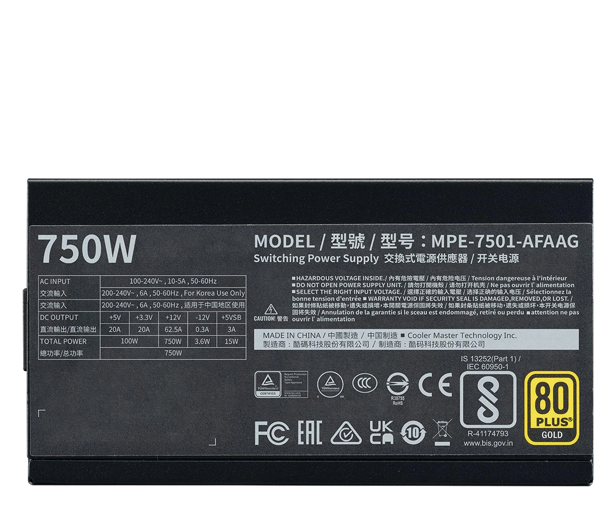 Cooler Master MWE Gold V2 750W 80 PLUS Gold ATX 3.1 (MPE-7501-AFAAG-3EEU) EU Максимальна потужність, Вт: 750