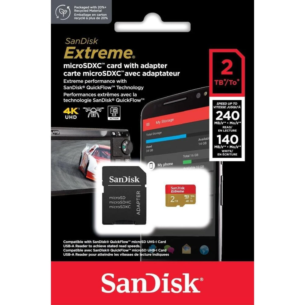 SanDisk 2 TB microSDXC U3 V30 A2 Extreme Plus Adapter SD (SDSQXAV-2T00-GN6MA, SDSQXAV-2T00-GN6MN) Бренд: SanDisk; Об'єм пам'яті, ГБ: 2000;