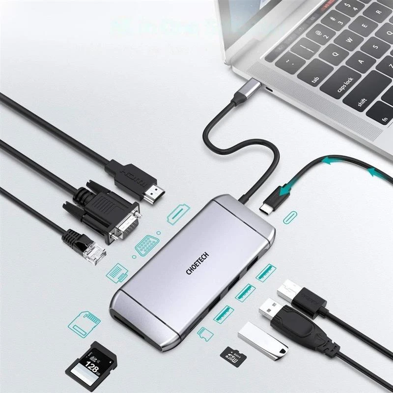 USB-хаб Choetech HUB-M15 USB Type-C 9-в-1 Тип: USB-хаб; Форм-фактор: