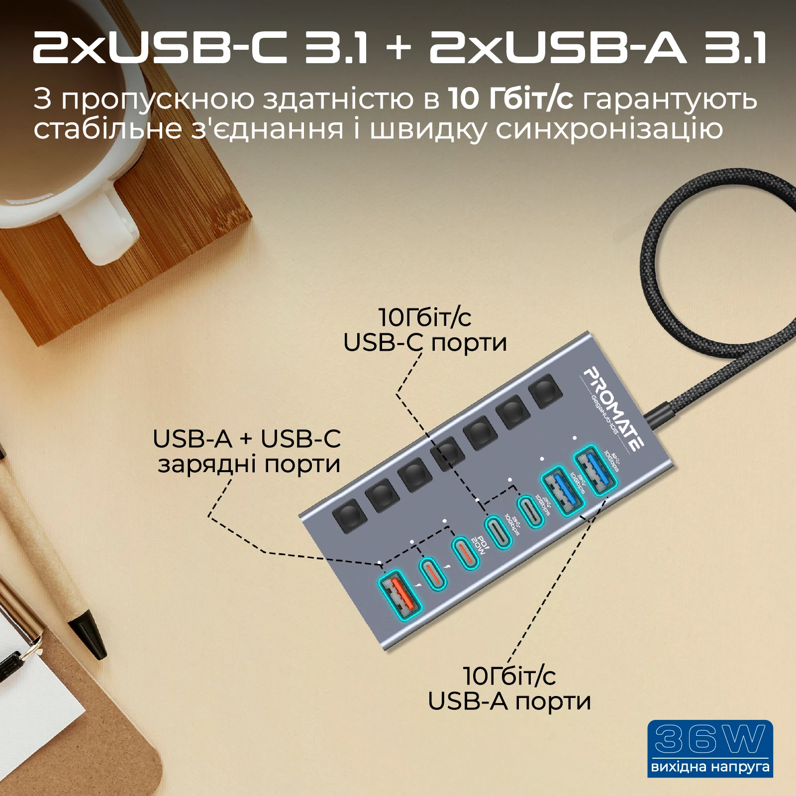 USB-хаб Promate Gegahub-10G USB Type-C 7-в-1 Grey
