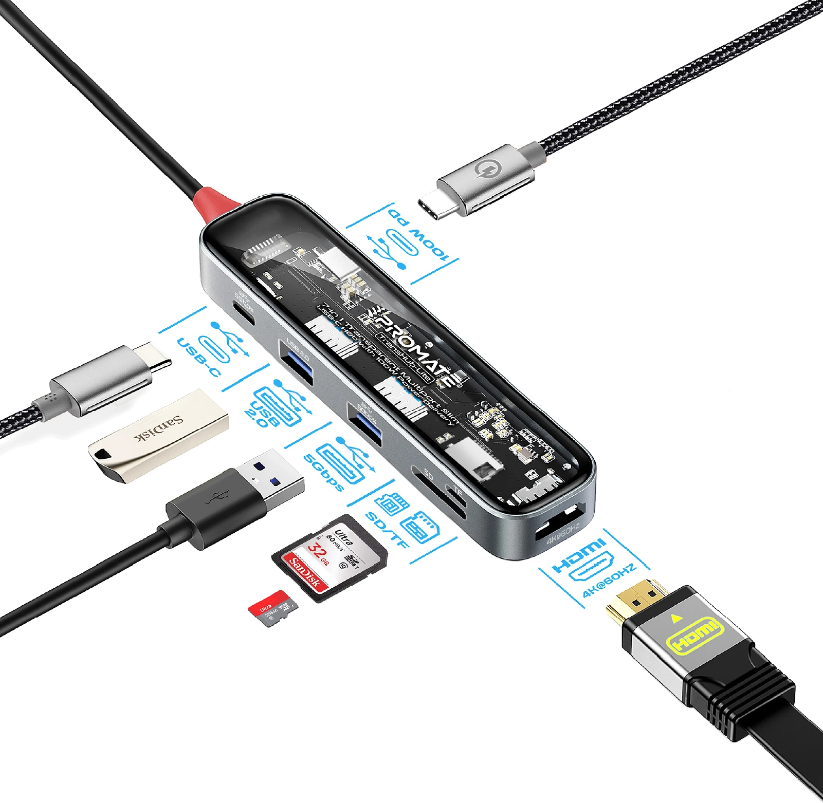 USB-хаб Promate TransHub-Lite USB Type-C Сірий Тип: USB-хаб; Форм-фактор: