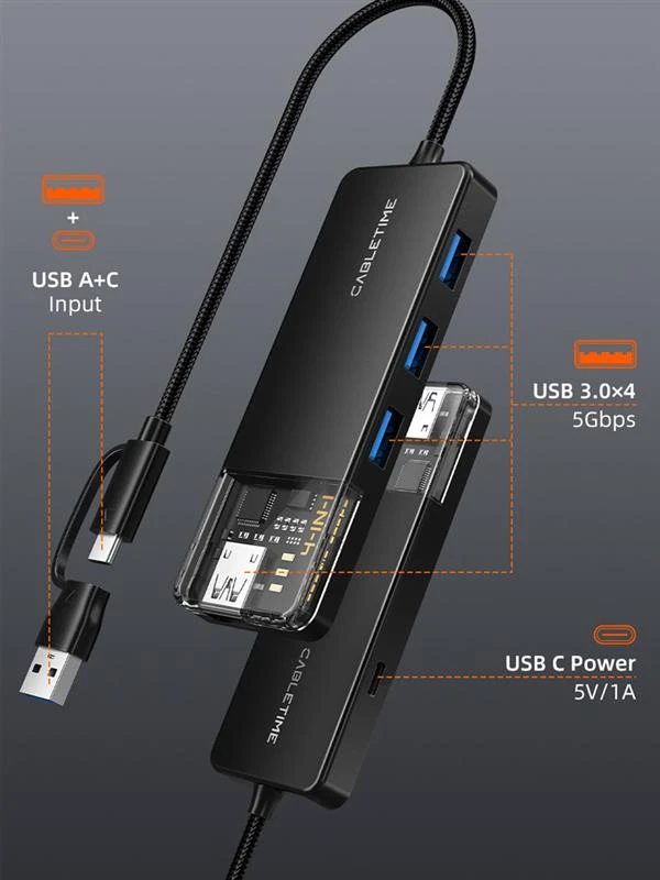 Концентратор Cabletime USB C/A - 4 Port USB 3.0, 5Gbps, 0.15 m (CB05B) Тип: USB-хаб; Форм-фактор: