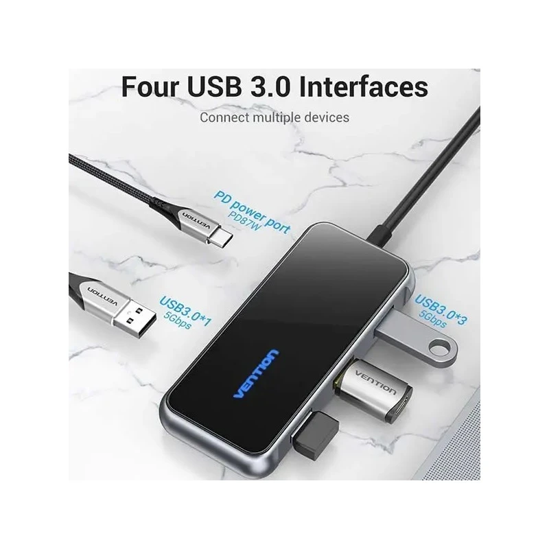 Концентратор Vention 5 в 1 Type-C-USB-PD 4USB 3.0 87W 4K 30Hz 0.15m Black (TFDHB) Тип: USB-хаб; Форм-фактор: