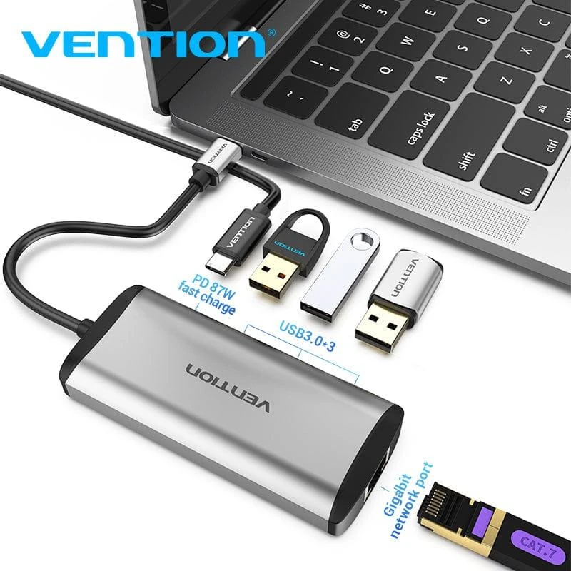 Концентратор Vention USB-C 3-Port, RJ-45, PD, 0.15 m (TGDHB) Тип: USB-хаб; Форм-фактор: внешний;