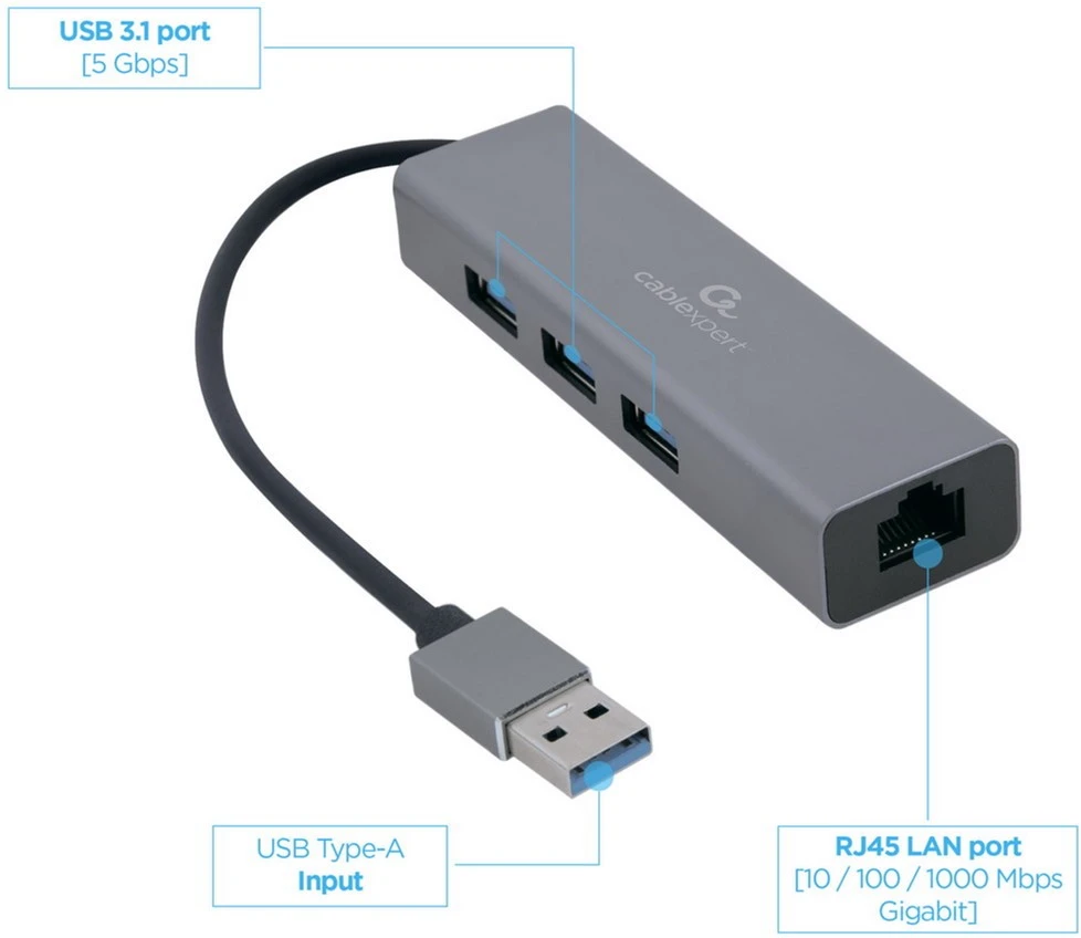 USB-хаб Cablexpert 4 ports USB 3.0 Grey (A-AMU3-LAN-01) Тип: USB-хаб; Форм-фактор: внешний;
