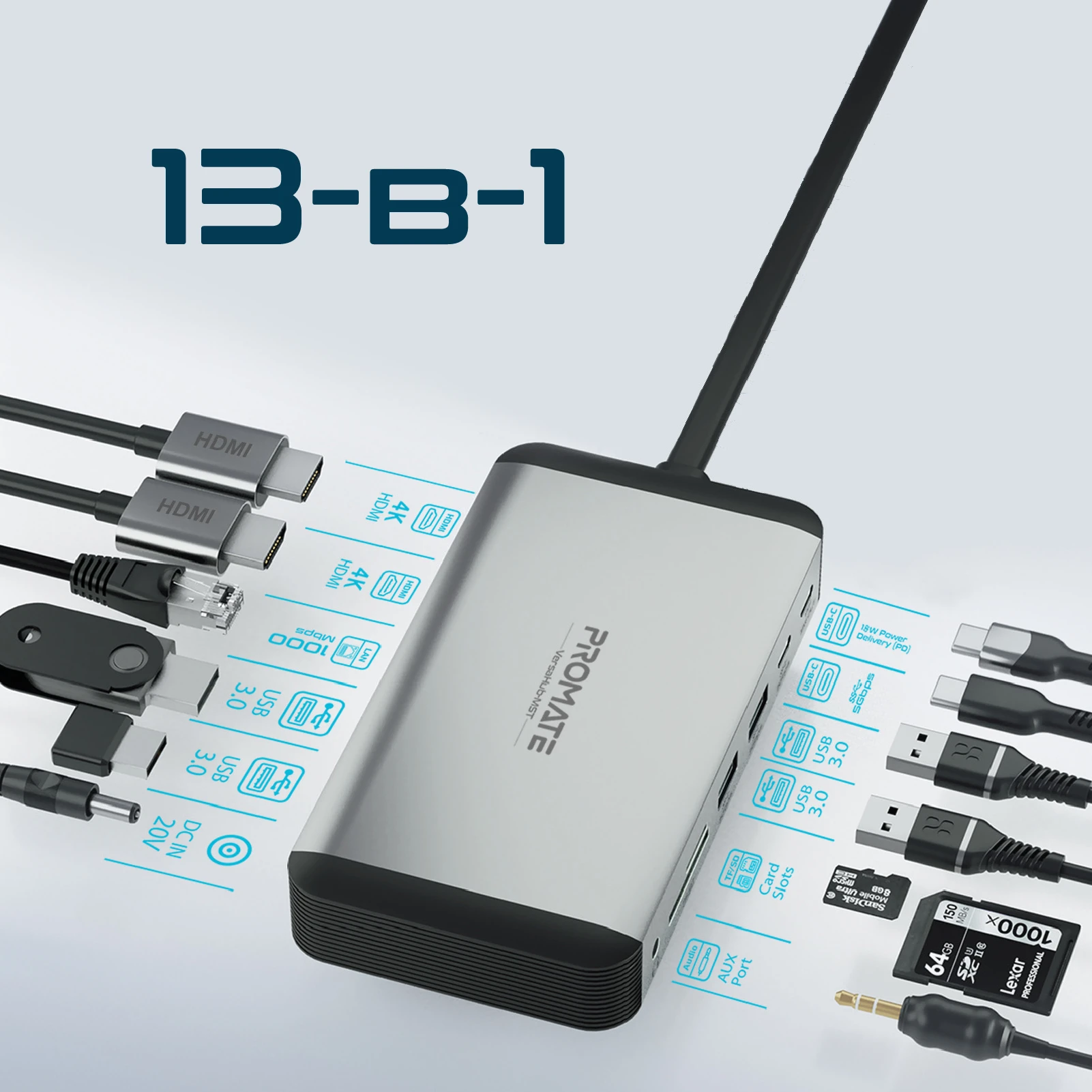 USB-хаб Promate VersaHub USB Type-C 13-в-1 Grey (versahub-mst.grey) Тип: USB-хаб + картридер;