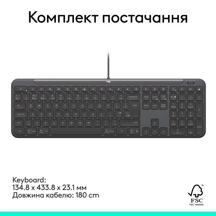 Logitech Signature Slim K620 for Business USB-C UA Graphite (920-013333) (UA) ; Призначення: для ПК;