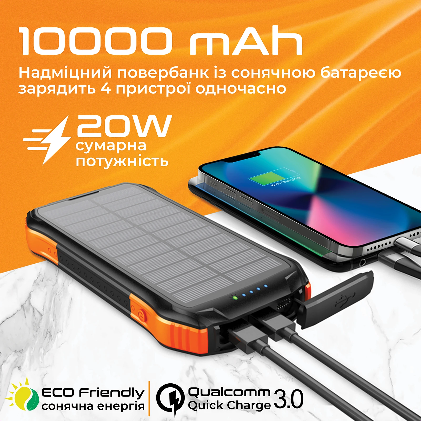 Promate SolarTank-10PDQi 10000mAh 20W Black (solartank-10pdqi.black) Ємність: 10000 мА / год; Технологія: