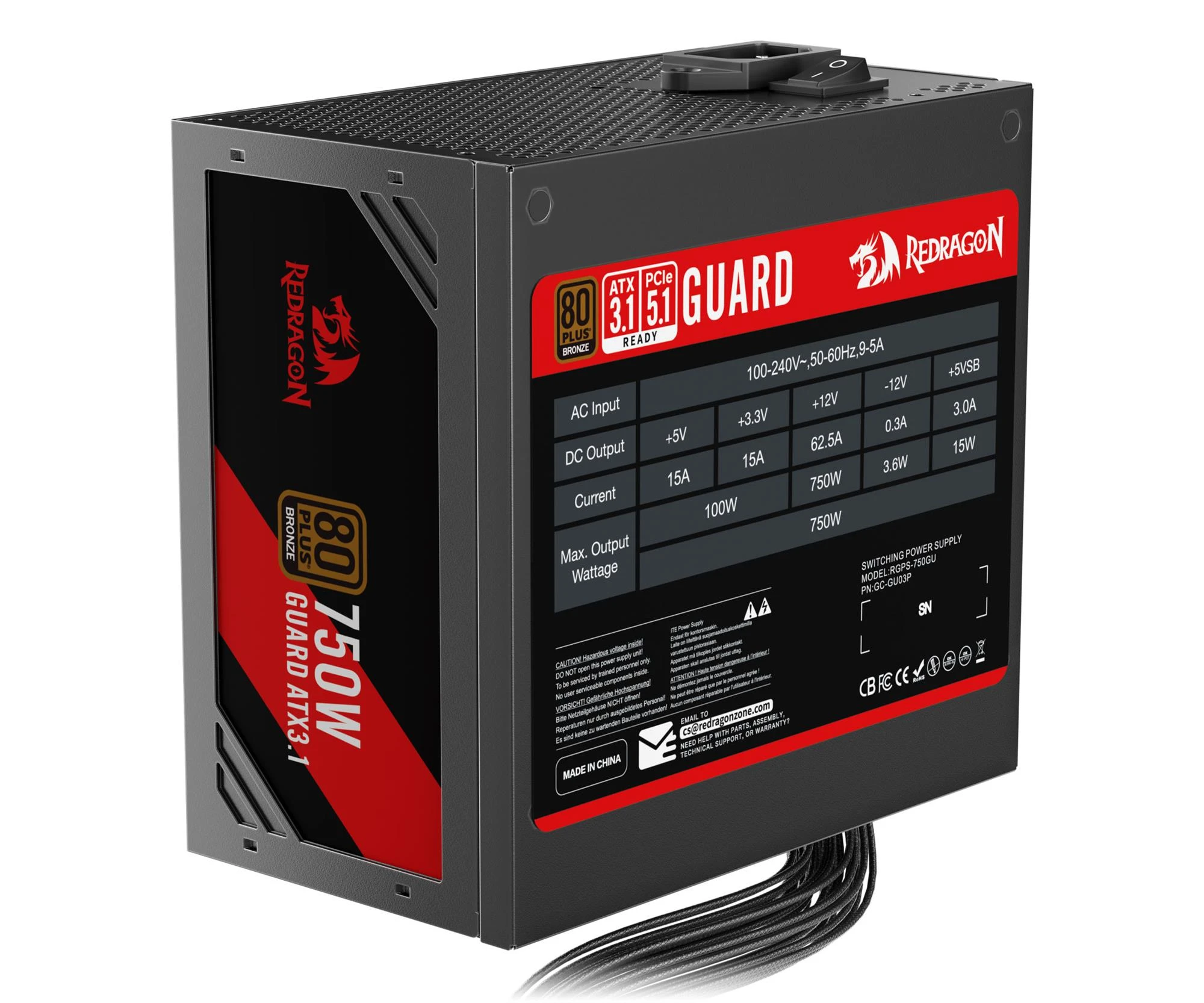 Redragon GC-GU03P 750W Guard 80 Plus Bronze ATX3.1 (GC-GU03P) EU Максимальна потужність, Вт: 750