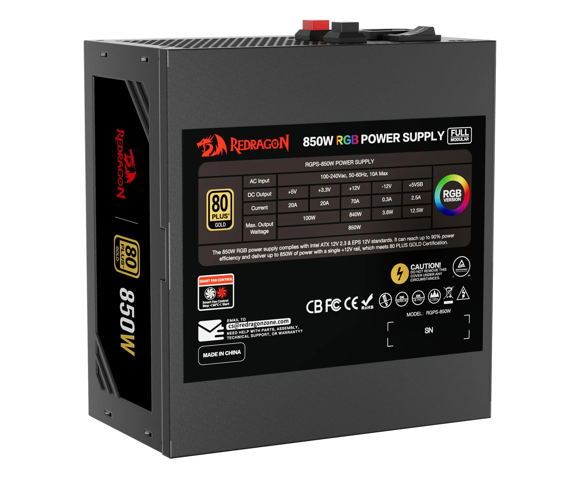 Redragon GC-PS007-1 V2 850W 80 Plus Gold LED (GC-PS007-1 V2) EU Максимальна потужність, Вт: 850