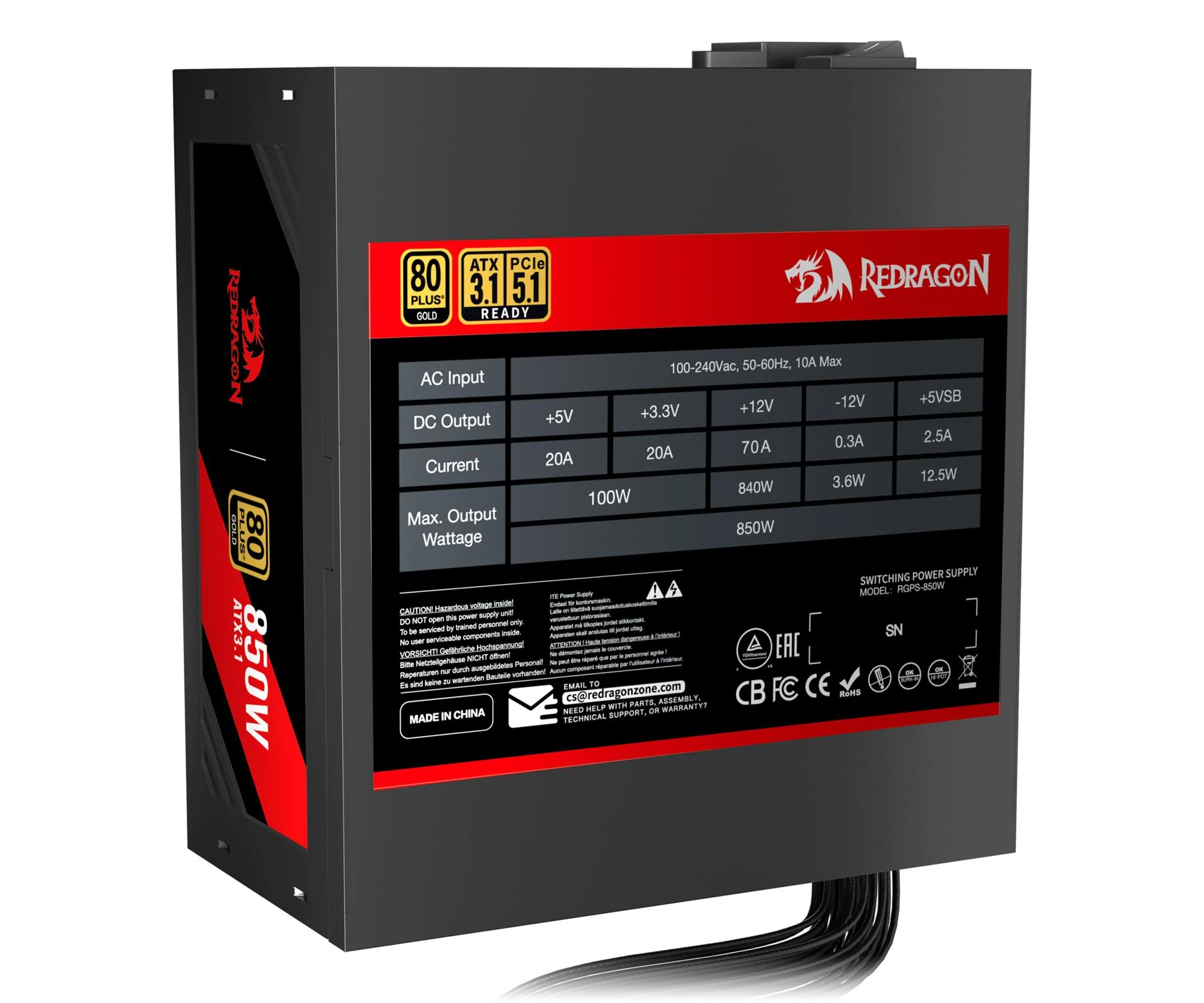 Redragon GC-PS007-SE 850W 80 Plus Gold ATX 3.1 (GC-PS007-SE) EU Максимальна потужність, Вт: 850