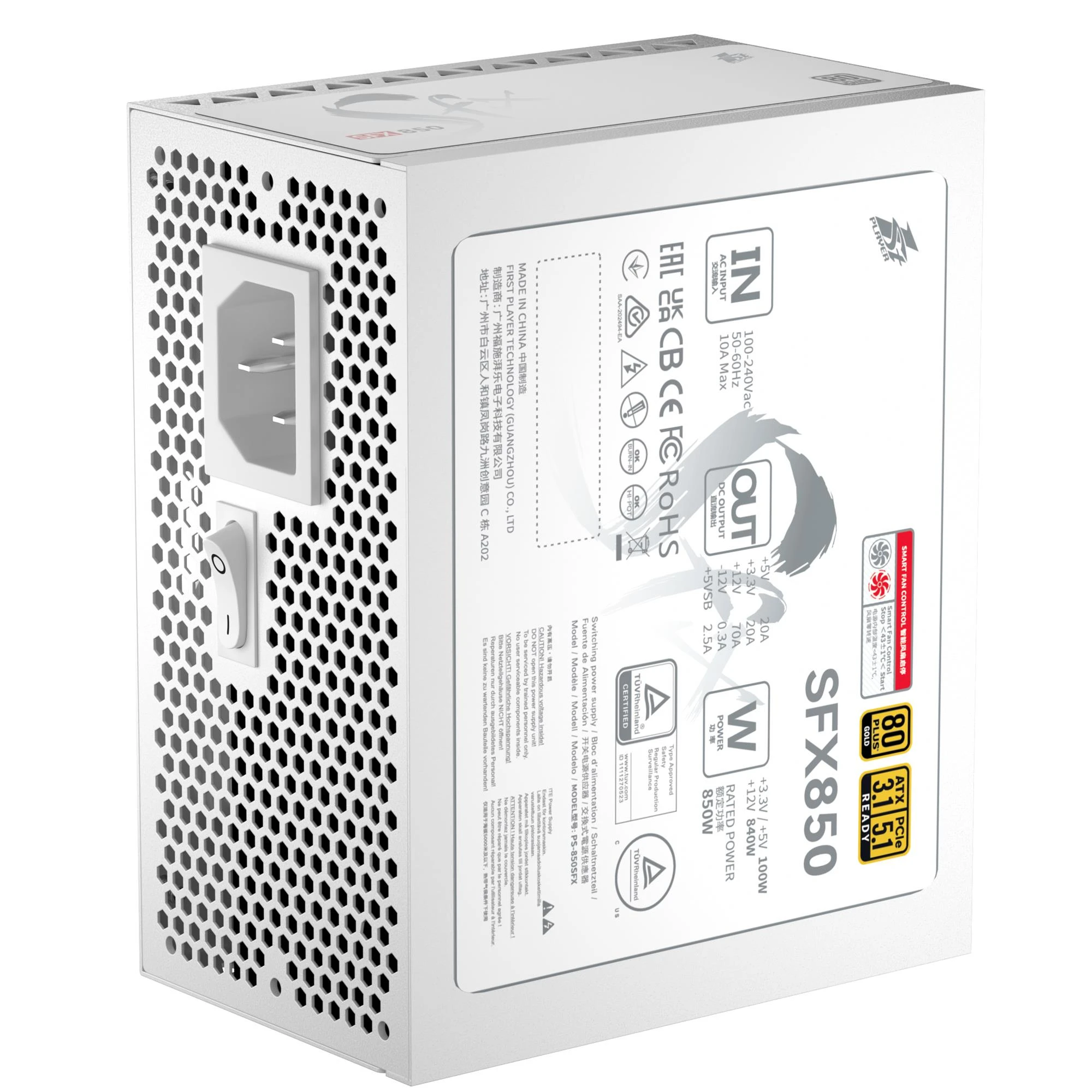 1stPlayer PS-850SFX White (SFX-GLD-850-WH-EU) 850W (UA) +5V: 20А; +3.3V: 20А; +12V1: 70А; +12V2: немає;