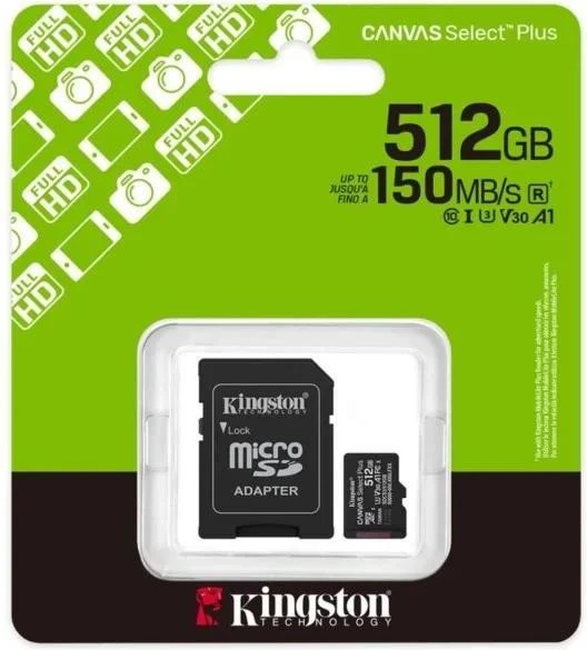 Kingston 512 GB microSDXC Canvas Select Plus Gen3 + SD-Adapter SDCS3/512GB (UA) Бренд: Kingston; Объем памяти, ГБ: 512;
