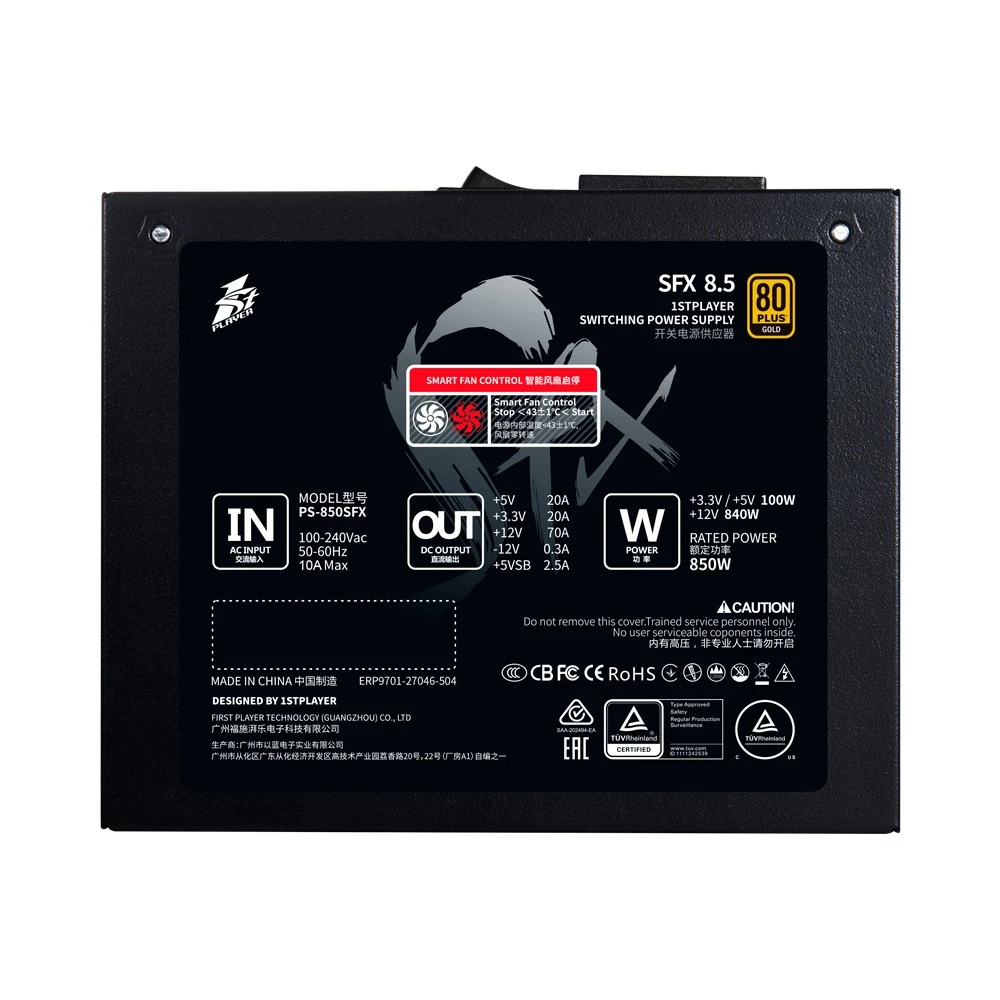 1stPlayer PS-850SFX (SFX-GLD-850-BK-EU) 850W (UA) +5V: 20А; +3.3V: 20А; +12V1: 70А; +12V2: немає;
