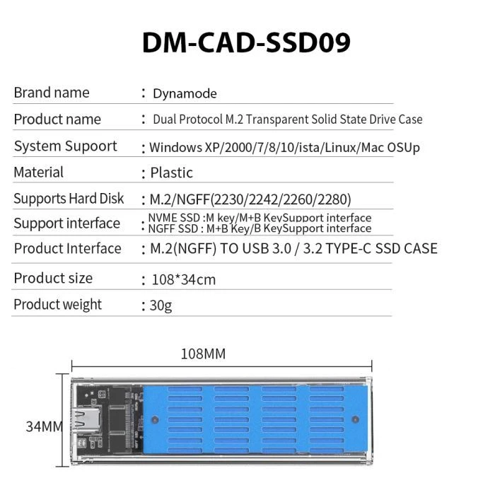 Карман зовнішній Dynamode M.2 SSD NVMe/SATA combo ч-з USB3.2 GEN2 Type-C (DM-CAD-SSD09) (UA) ; Форм-фактор: M.2; Внутріший