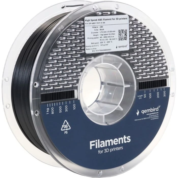 Пластик для 3D-принтера Gembird ABS High Speed, 1.75 мм, 1kg, black (3DP-ABS1.75HY-01-BK) (UA) Тип пластика: ABS; Диаметр: 1.75 мм;