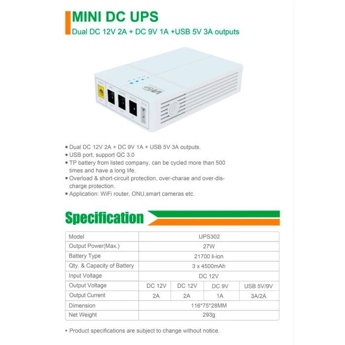 RCI для роутера WGP 27W вх:5.5x2.1, вих:5.5x2.5 12V/2A, 9V/1A, USB (UPS302 / 560580) (UA) Призначення: для роутерів; Тип