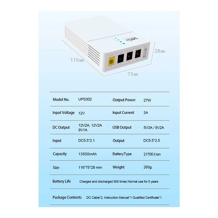 RCI для роутера WGP 27W вх:5.5x2.1, вих:5.5x2.5 12V/2A, 9V/1A, USB (UPS302 / 560580) (UA) Призначення: для роутерів; Тип