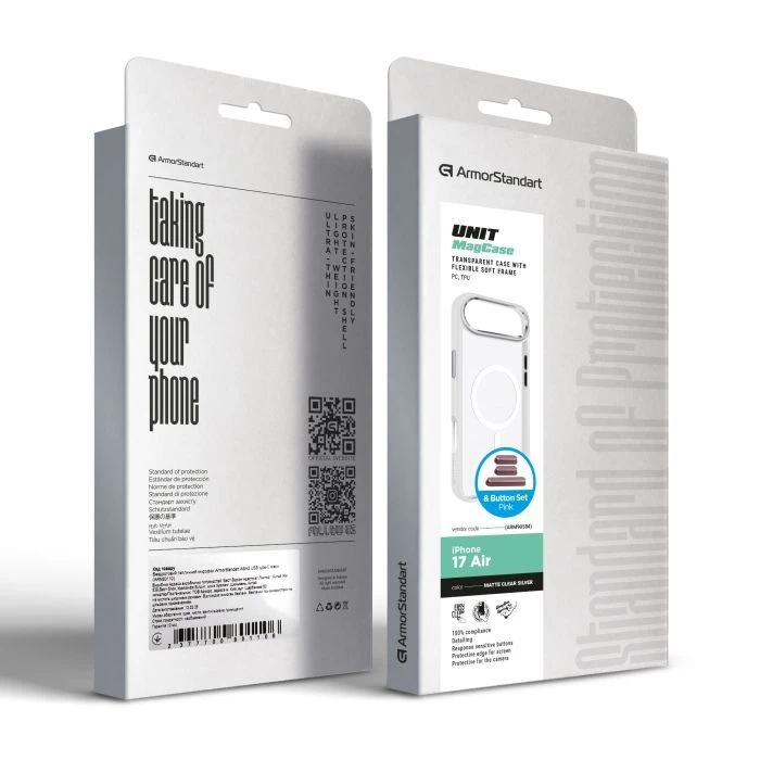 Чохол для мобільного телефону Armorstandart Unit MagCase Apple iPhone 17 Air Clear Silver + Pink Button Set (ARM90584) (UA)