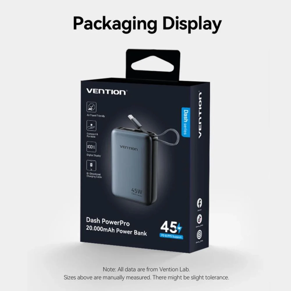 Vention 20000mAh 45W Mini with Built-in USB-C Gray (FHGH0) (UA)