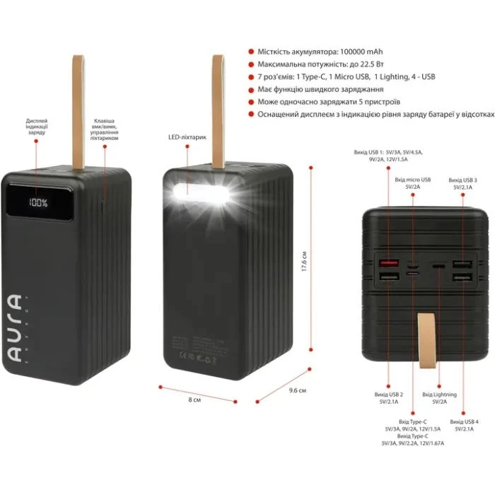 AURA NRG-P100 100000mAh 22.5W Black (PBANRG-P100B) (UA)