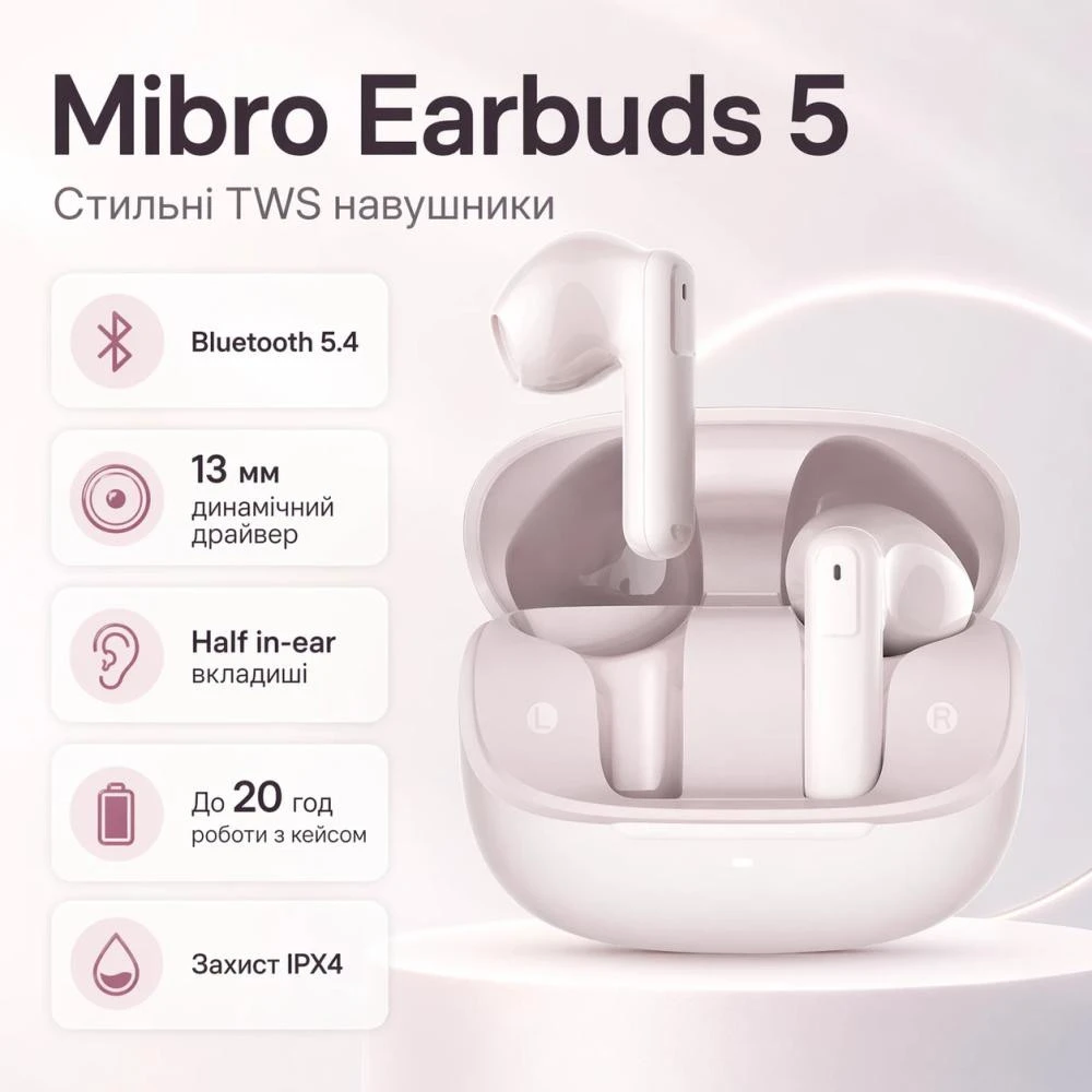 Навушники Mibro Earbuds 5 Pink (XPEJ014P) (UA) Бренд: Mibro; Лінійка: Earbuds 5; Спосіб