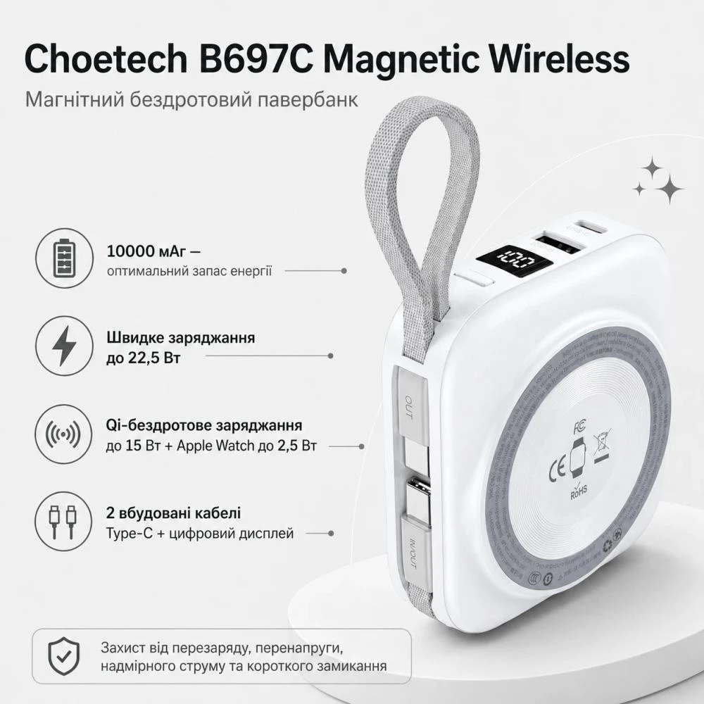 Choetech 10000mAh White Silver (B697C-WHSL) (UA)