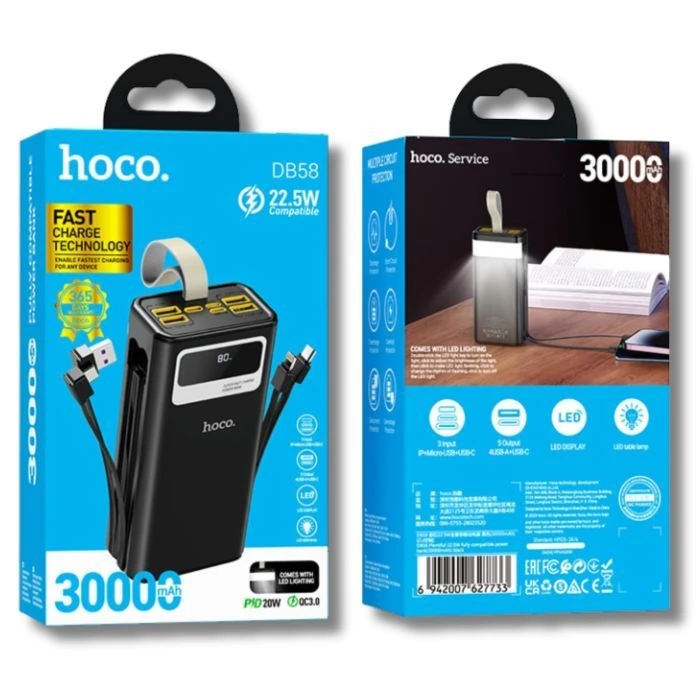 HOCO 30000mAh Plentiful 22.5W, built-in cables, LED, Black (DB58 / 715030) (UA)