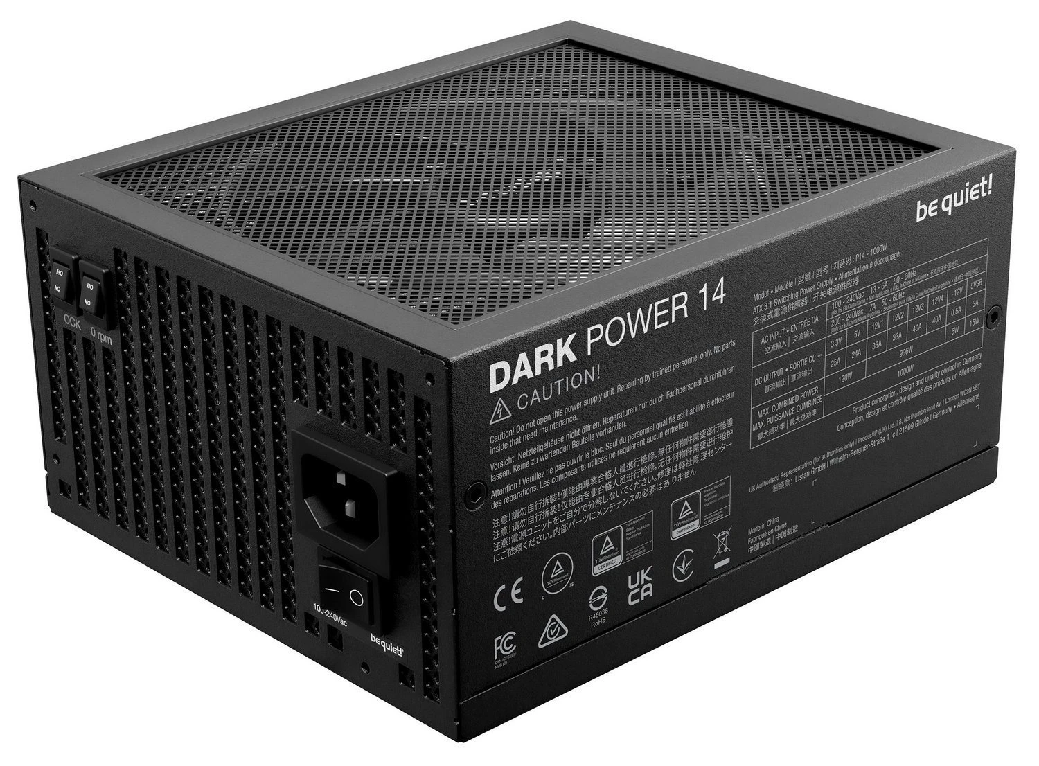 be quiet! Dark Power 14 1000W (BP020EU) (UA) +5V: 24A; +3.3V: 25A; +12V1: 33A; +12V2: 33A; +12V3: 40A;