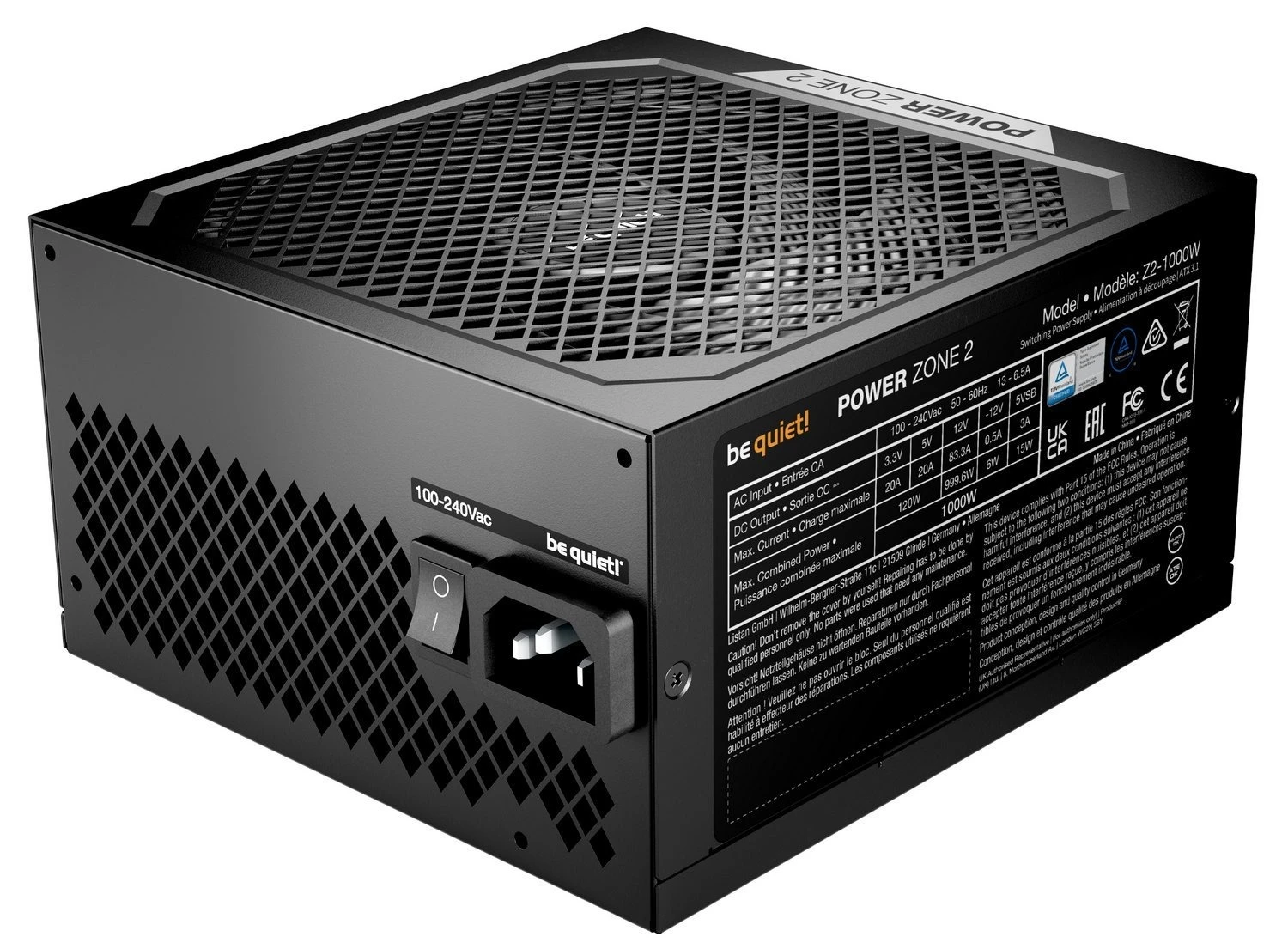 be quiet! Power Zone 2 1000W (BP008EU) (UA) +5V: 20А; +3.3V: 20А; +12V1: 83.3А; +12V2: нет;