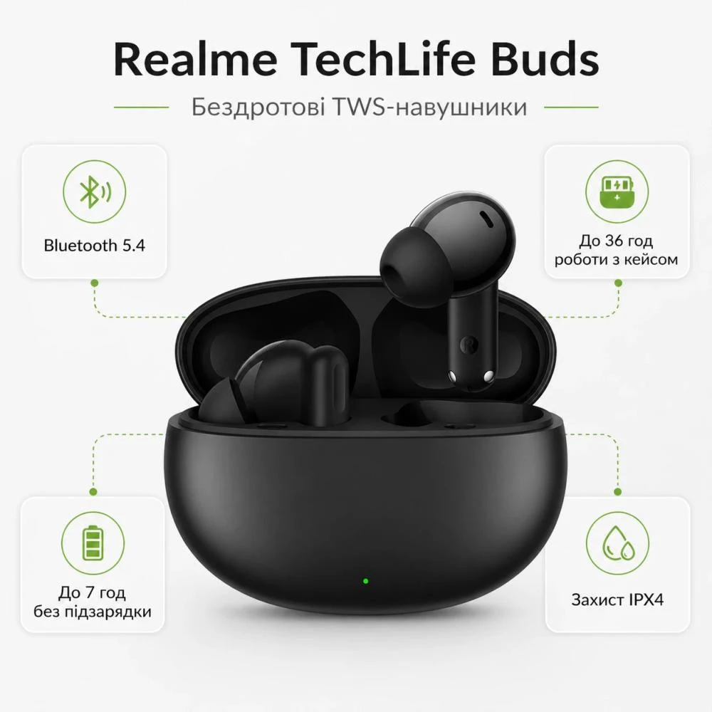 Навушники realme TechLife Buds Black RMA2506 (UA) Бренд: realme; Лінійка: TechLife Buds;