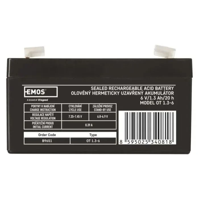 EMOS B9651 AGM 6V 1.3Ah fast 4,7mm (B9651) (UA) Напруга: 6 В; Ємність: 1.3 Ач;