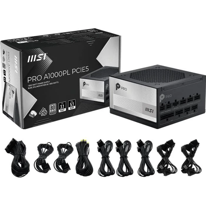 MSI 1000W (PRO A1000PL PCIE5) (306-7ZPLX11-HD8) (UA) Потужність: 1000 Вт; Модуль PFC: