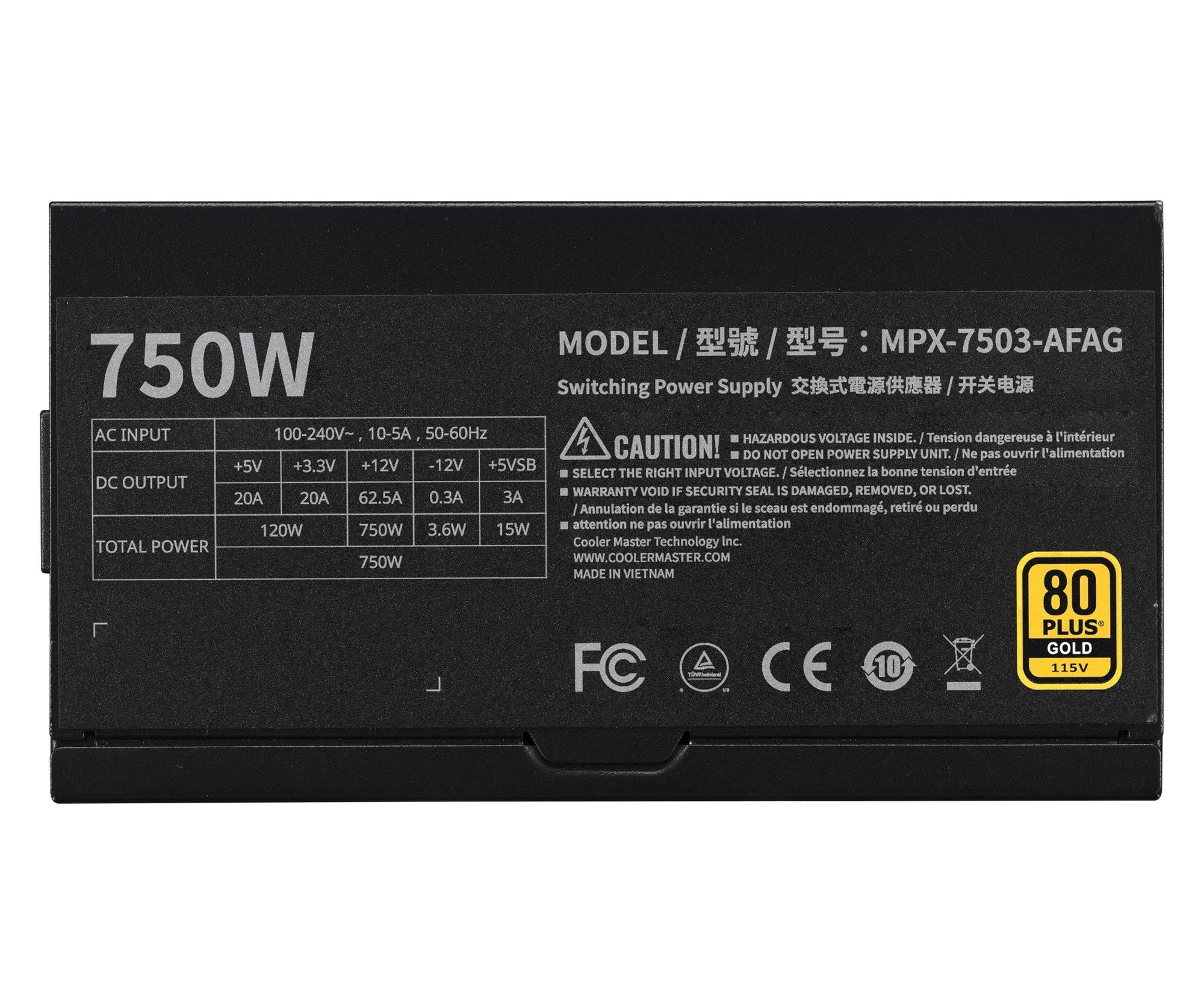 Cooler Master MWE Gold 750 V3 ATX 3.1 750W 80+ Gold Full Modular (MPX-7503-AFAG-2EBEU) EU Максимальна потужність: 750 Вт;