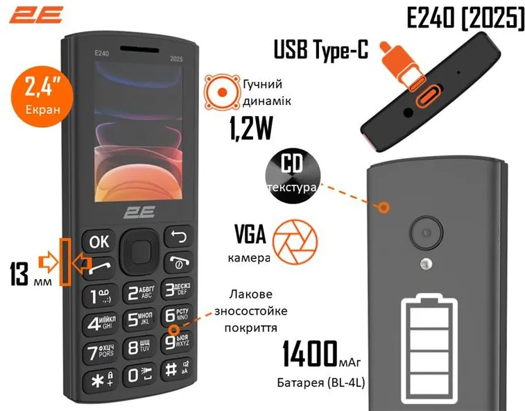 2E E240 2025 Dual Sim Black (794300867202) (UA)