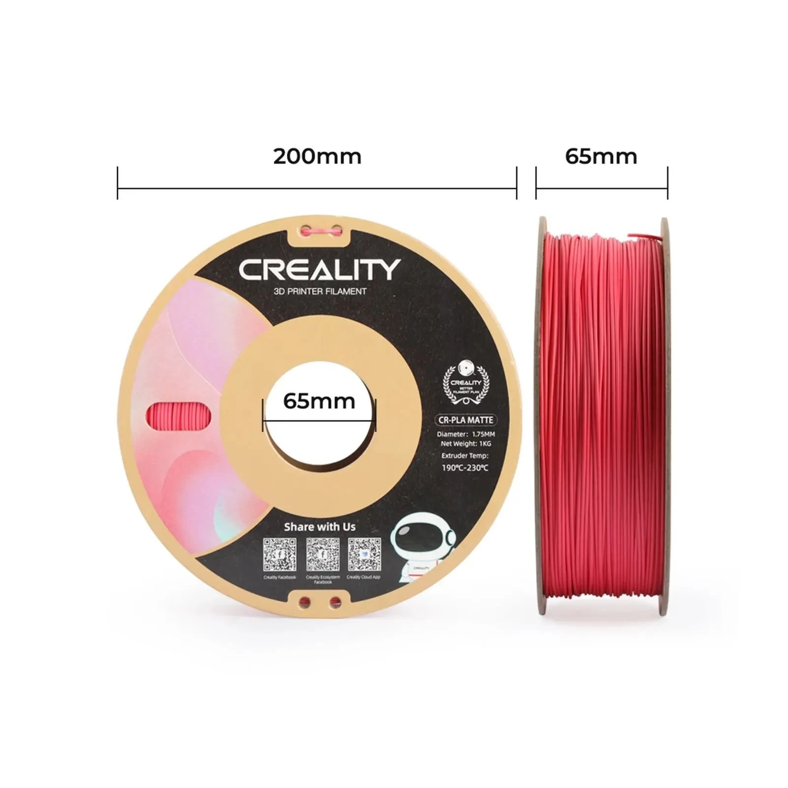 Пластик для 3D-принтера Creality PLA matte 1кг, 1.75мм, червоний полуниця (3301010300) (UA) Тип пластику: PLA; Діаметр: 1.75 мм;